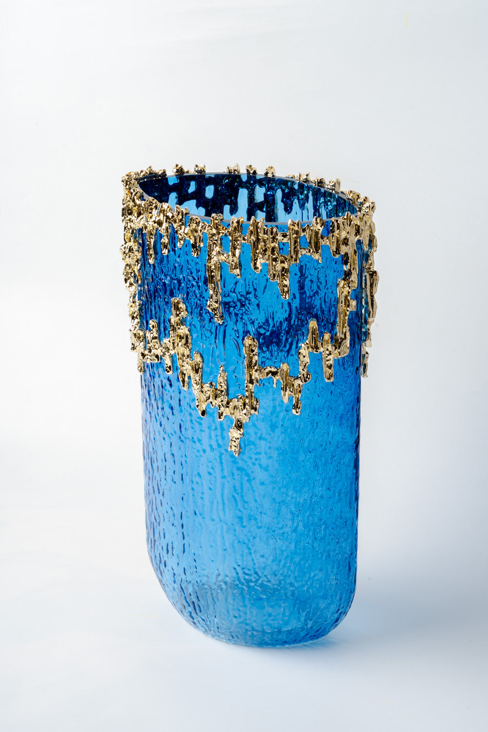 Azure Gold-Drip Textured Glass Vase