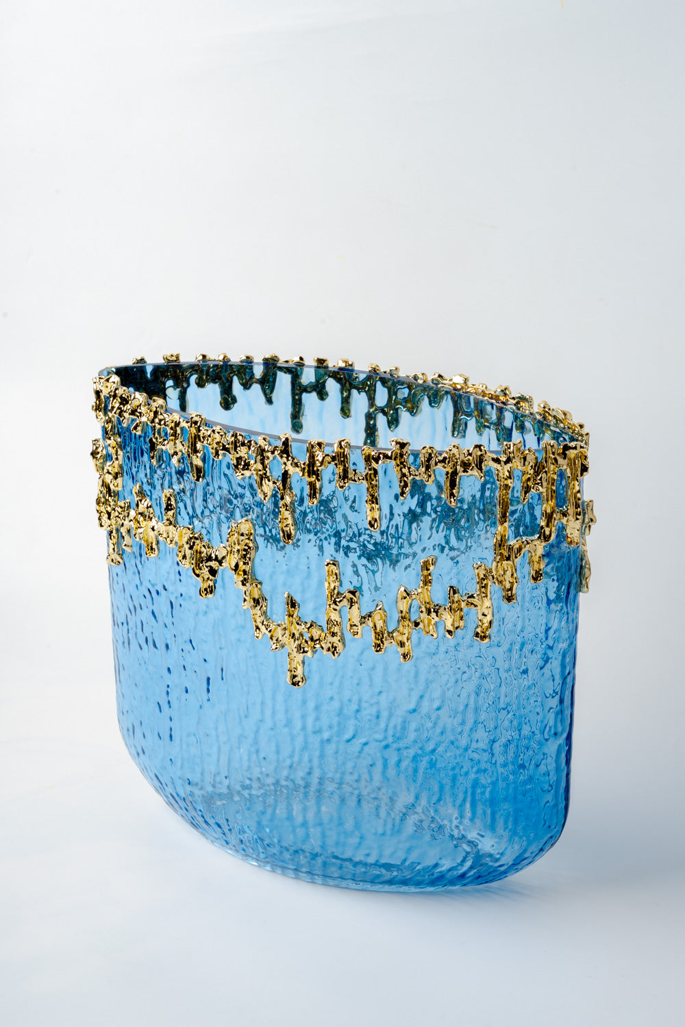 Azure Gold-Drip Textured Glass Vase