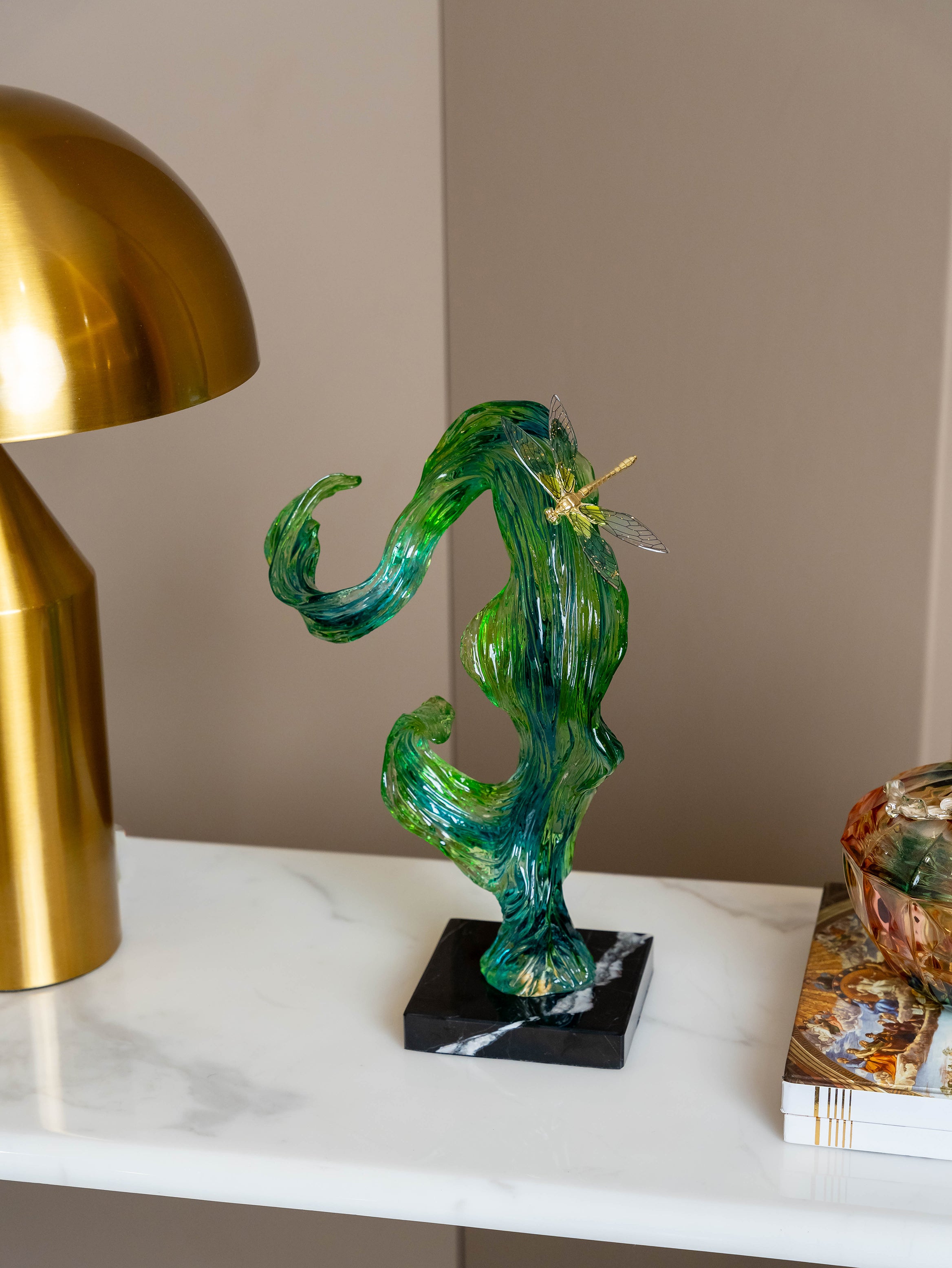 Verdant Drift Sculpture with Dragonfly Accent