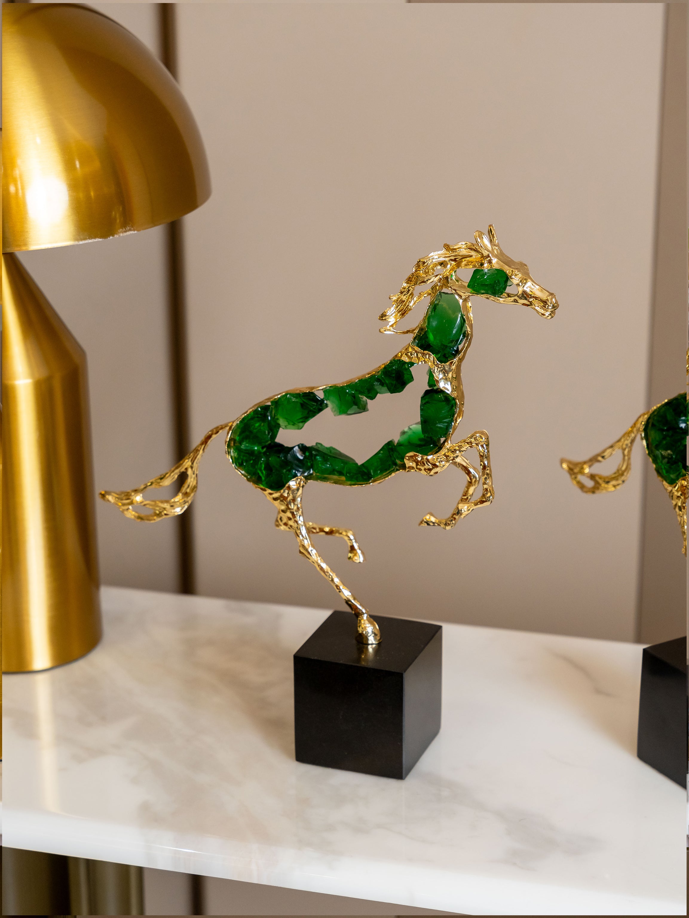 Equinox Emerald Horse Sculpture on Black Pedestal