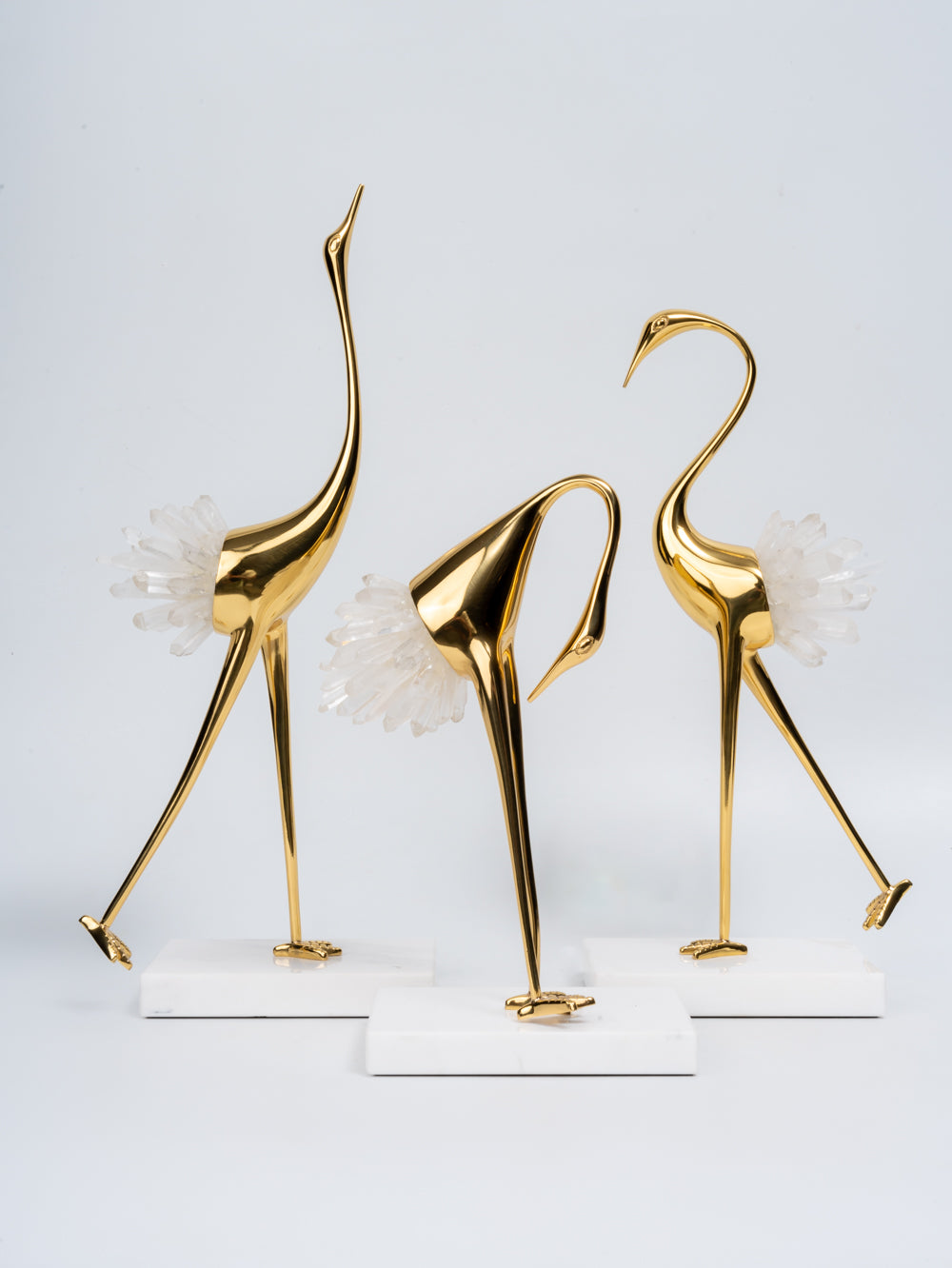 Luxe Golden Crane with White Crystal Tail Sculpture