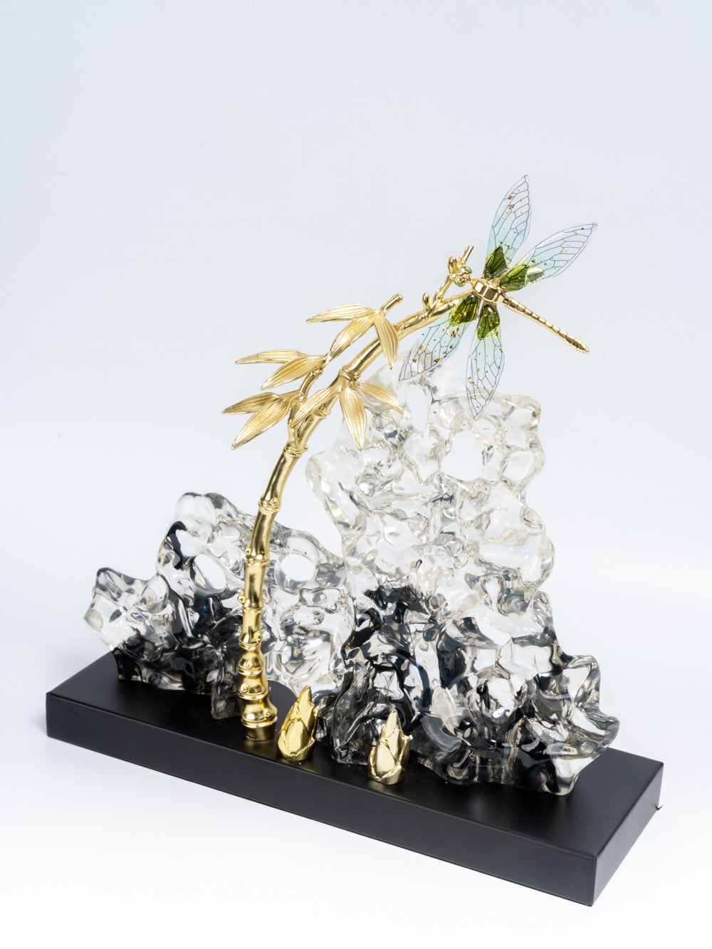 Aurora Crystal Dragonfly on Golden Bamboo Sculpture 2