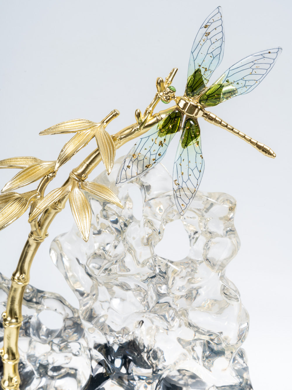 Aurora Crystal Dragonfly on Golden Bamboo Sculpture 2
