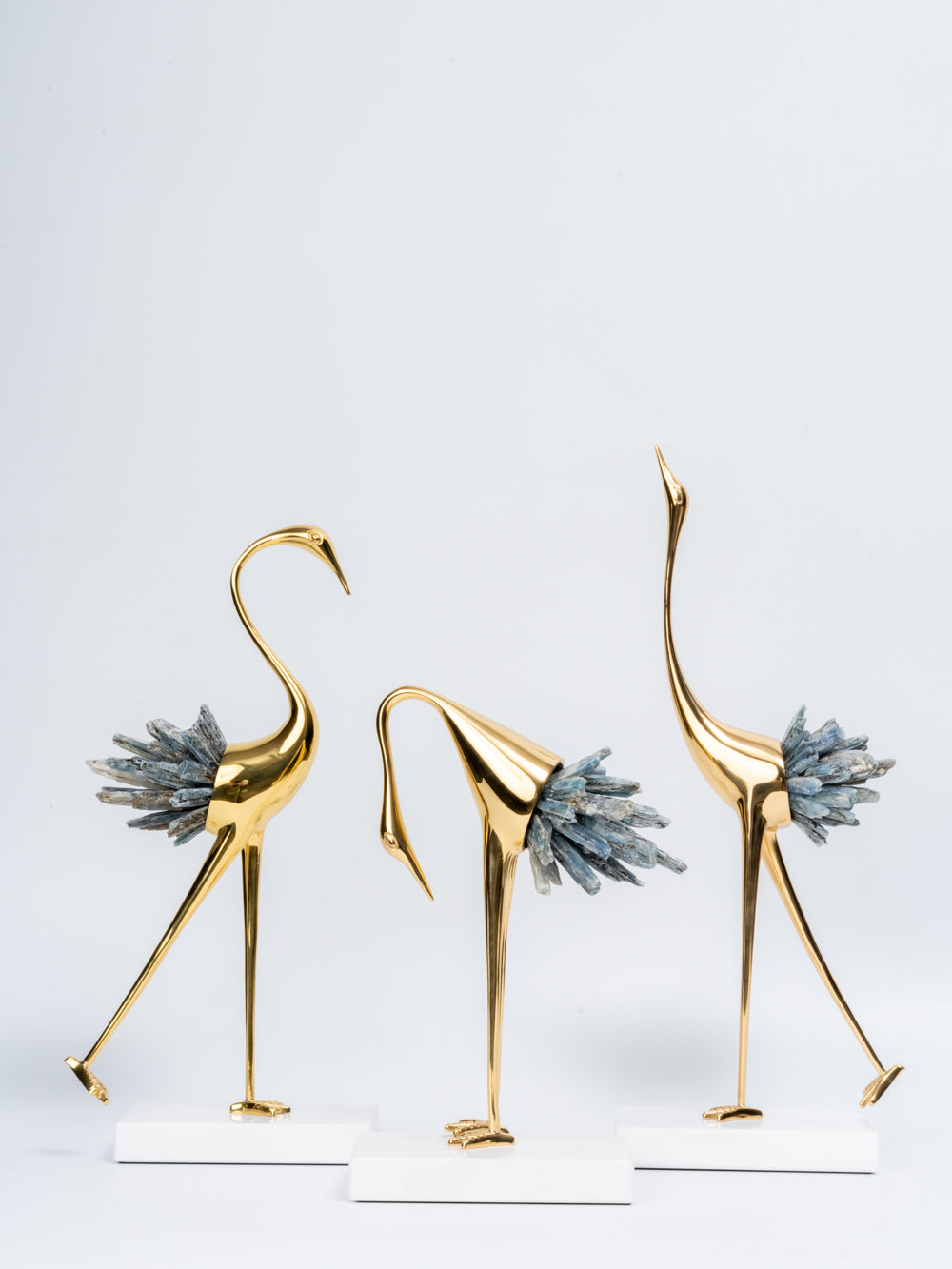 Luxe Golden Crane with Blue Crystal Tail Sculpture