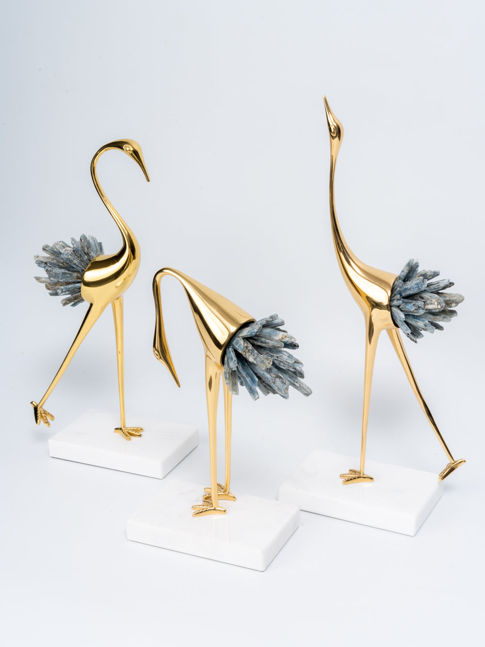 Luxe Golden Crane with Blue Crystal Tail Sculpture
