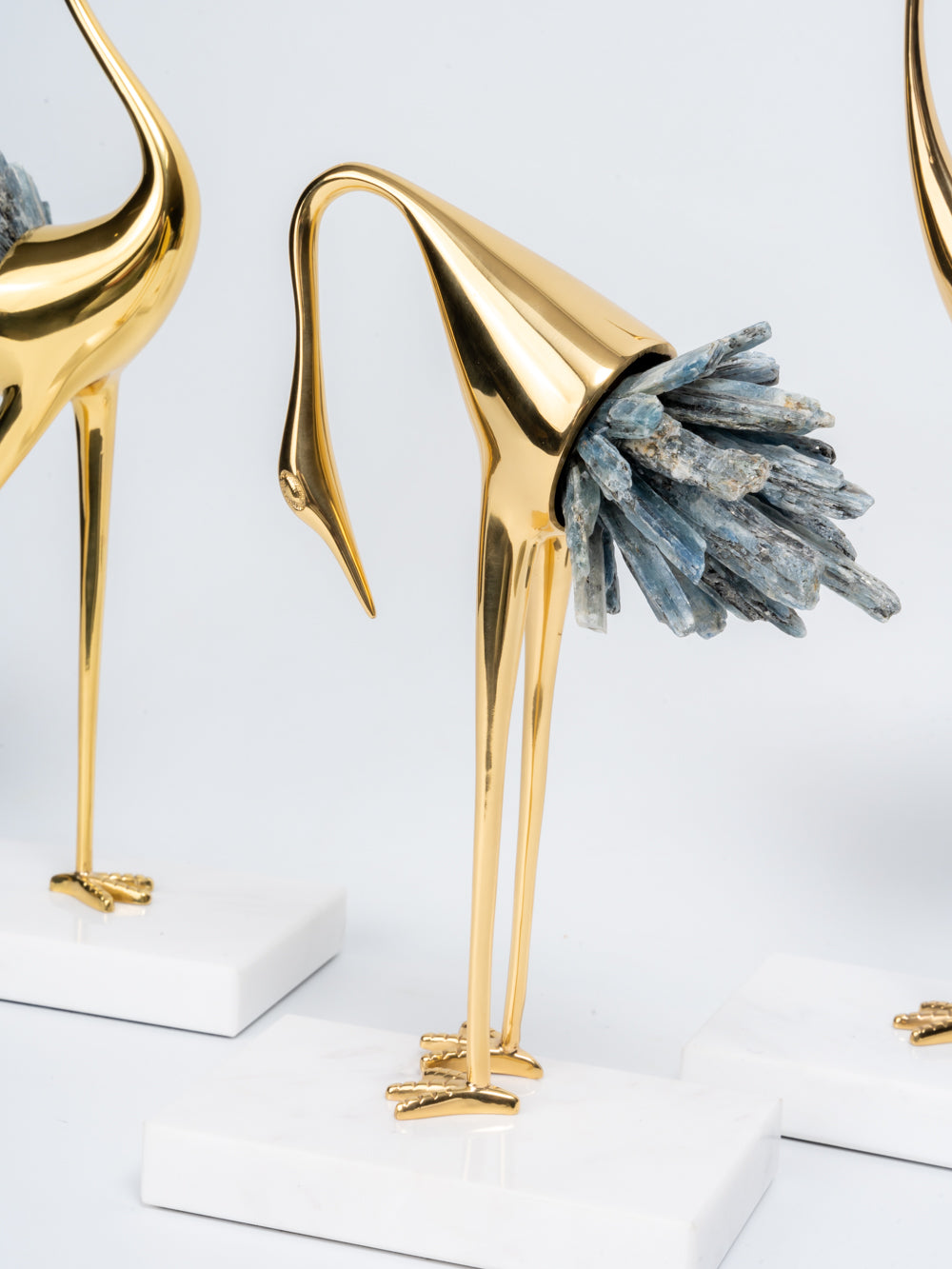 Luxe Golden Crane with Blue Crystal Tail Sculpture