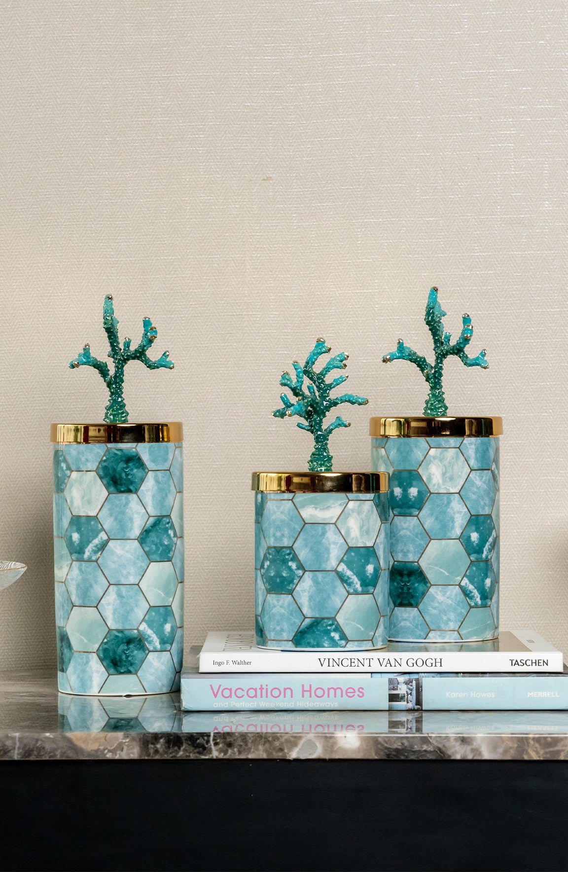 Coral Reef Teal Gold Jar Set Of 3