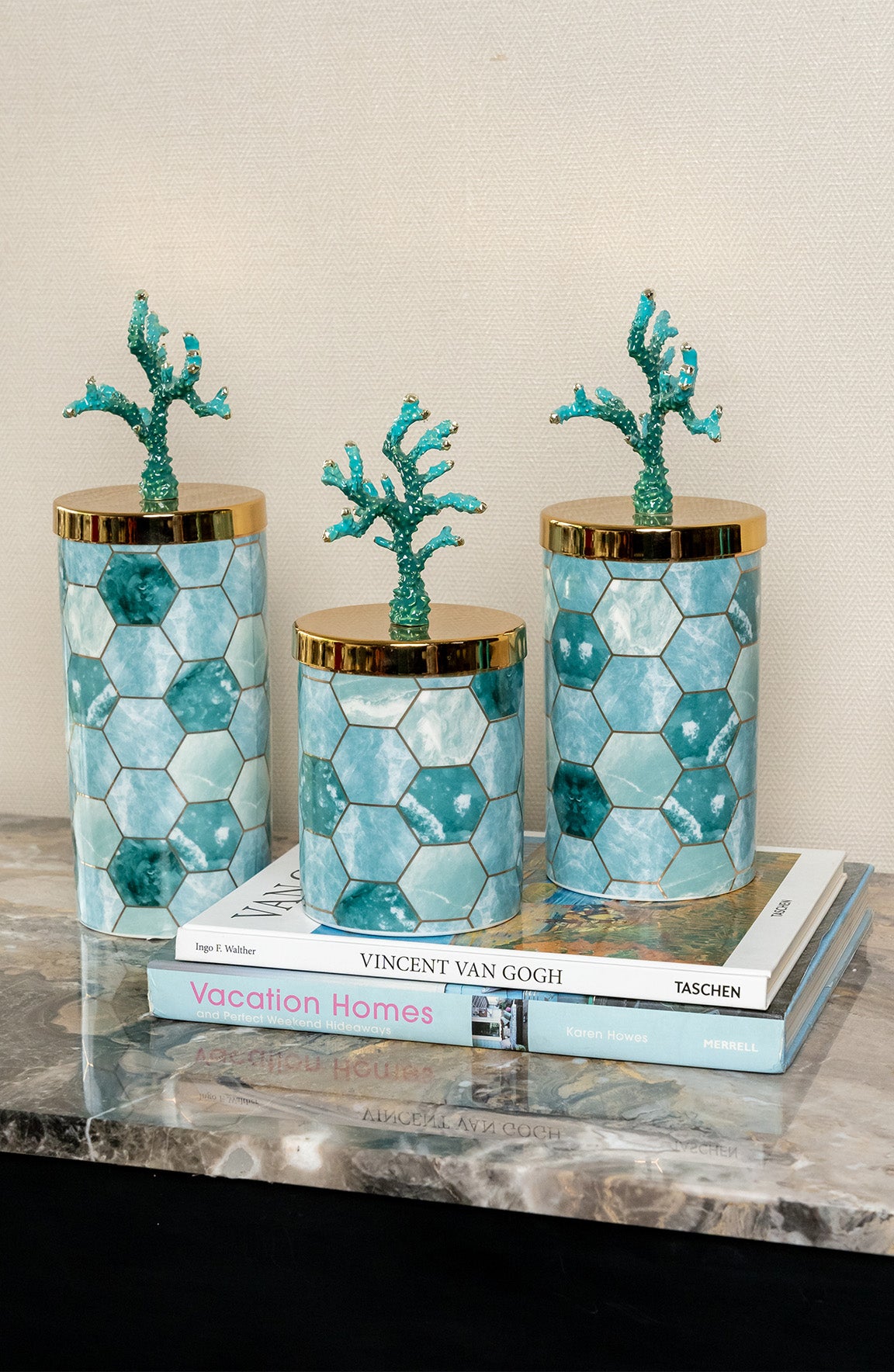 Coral Reef Teal Gold Jar Set Of 3