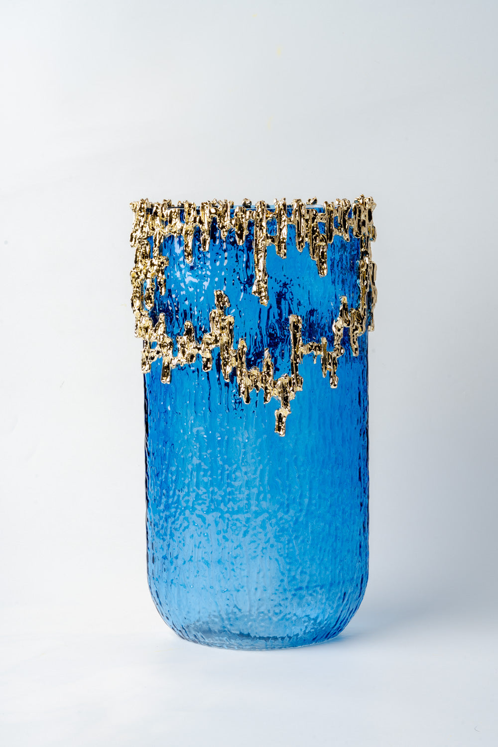 Azure Gold-Drip Textured Glass Vase