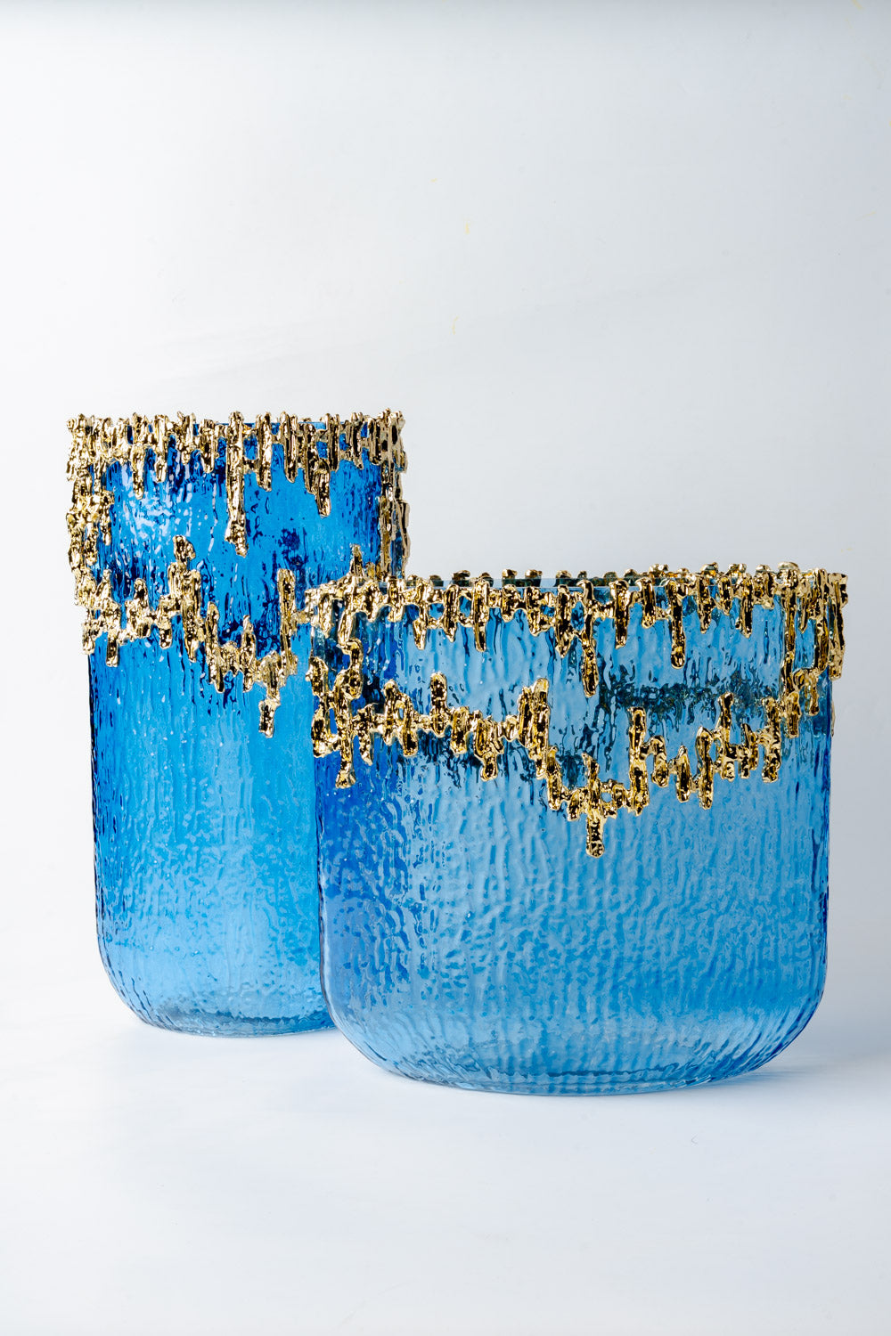 Azure Gold-Drip Textured Glass Vase