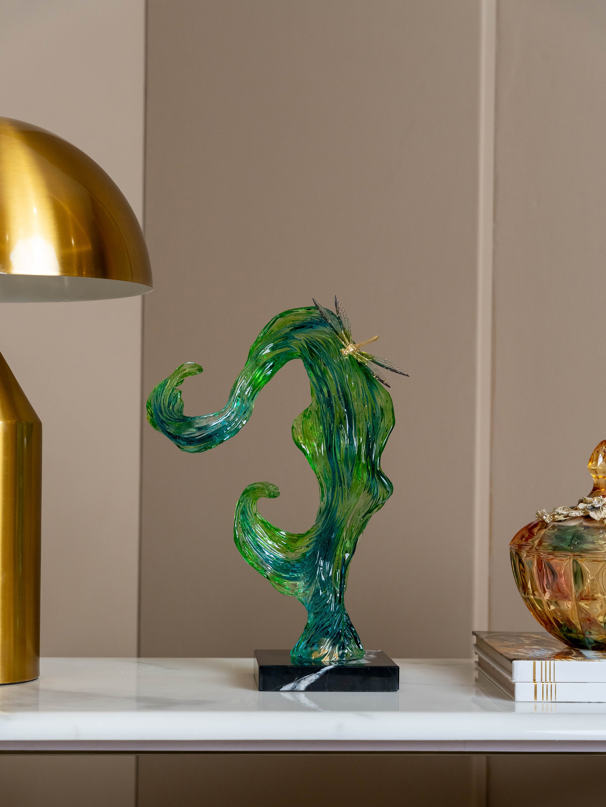 Verdant Drift Sculpture with Dragonfly Accent