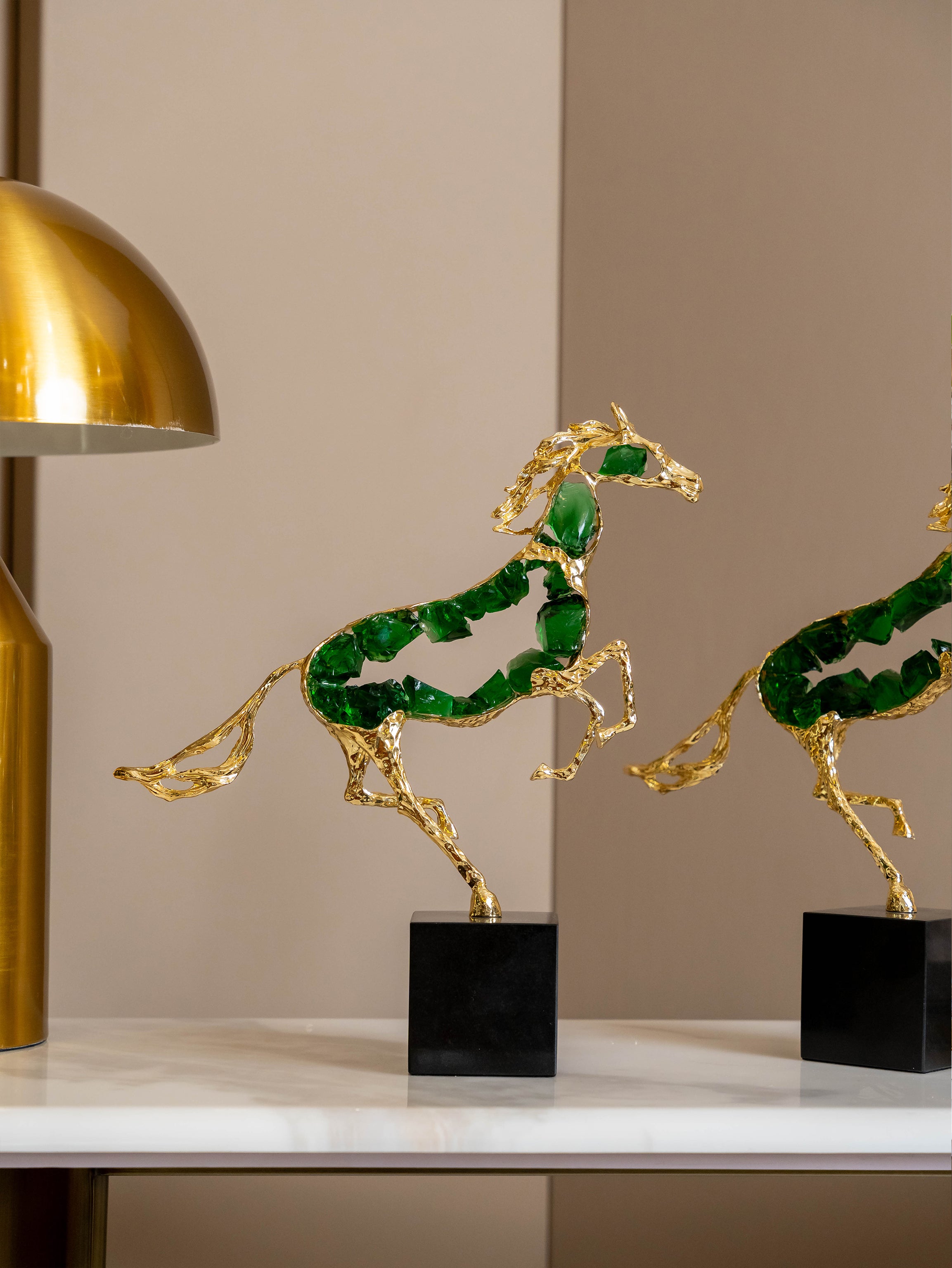 Equinox Emerald Horse Sculpture on Black Pedestal