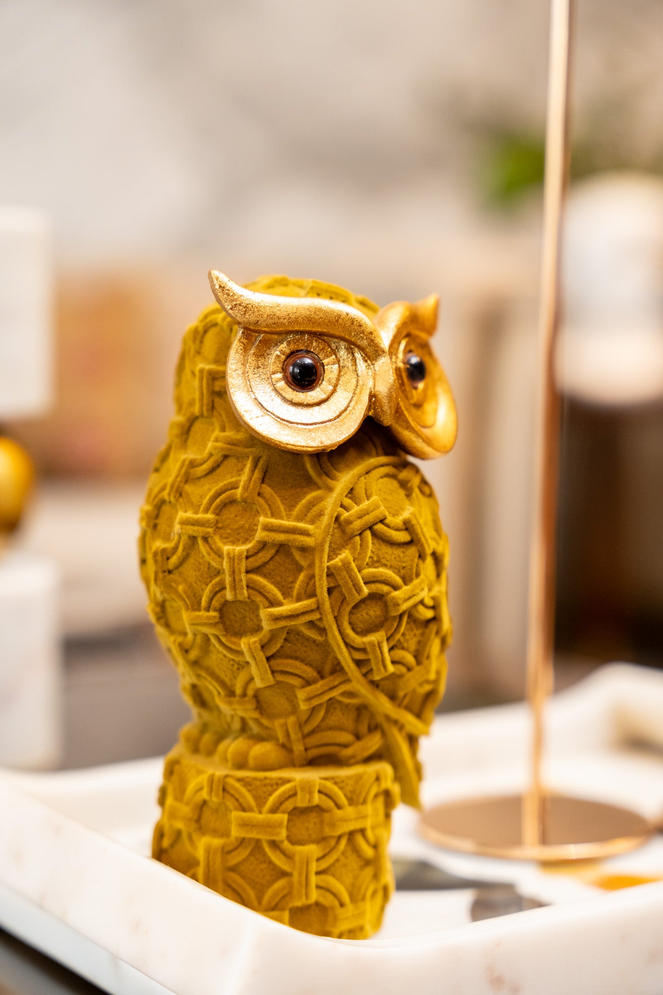 Gold Goggles Owl Mustard Resin Flocking Velvetine Figurines Decor Object