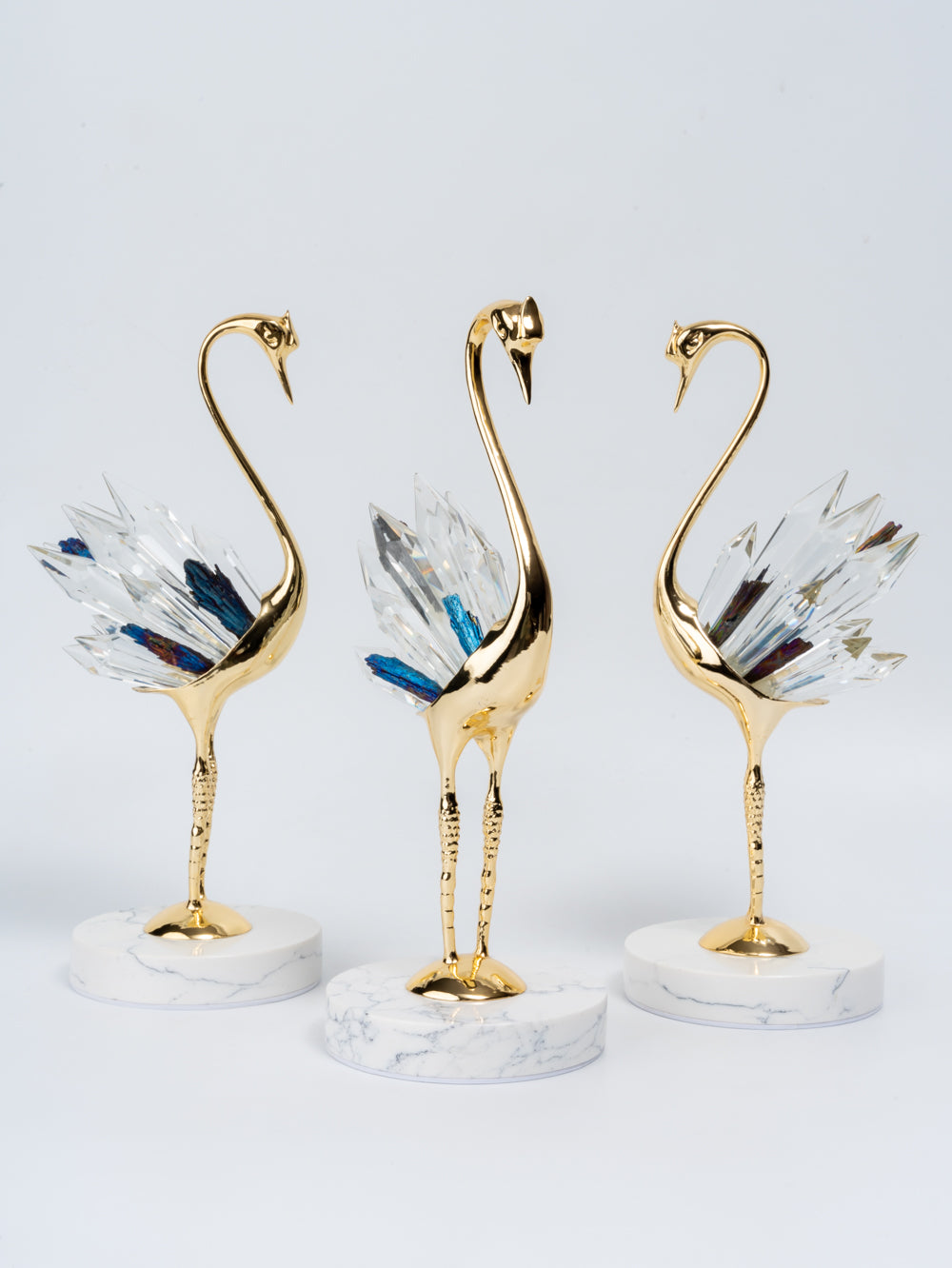 Aurora Trio of Crystal Tail Gold Swan Sculptures