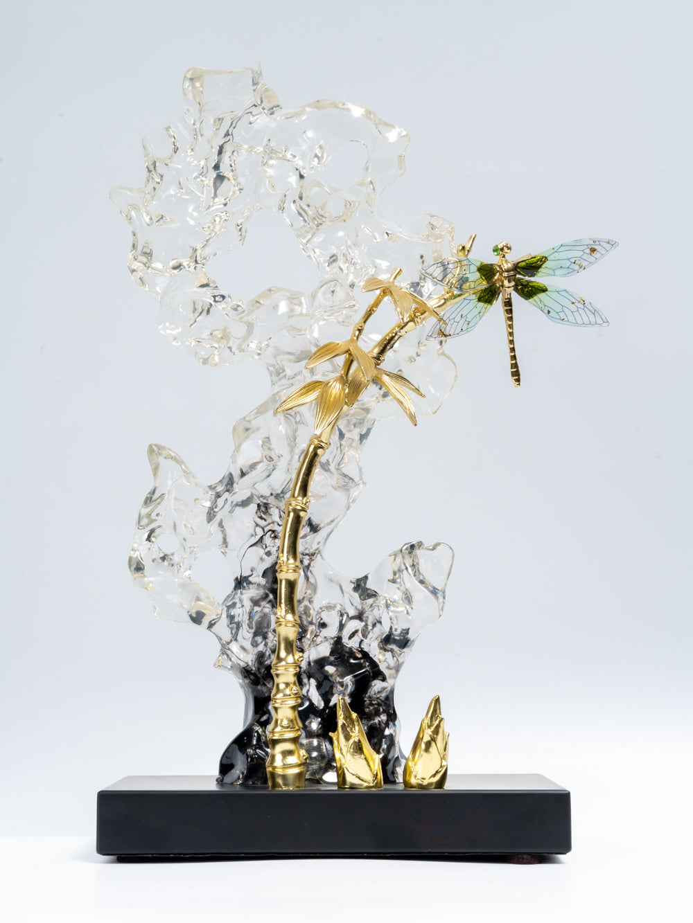 Aurora Crystal Dragonfly on Golden Bamboo Sculpture