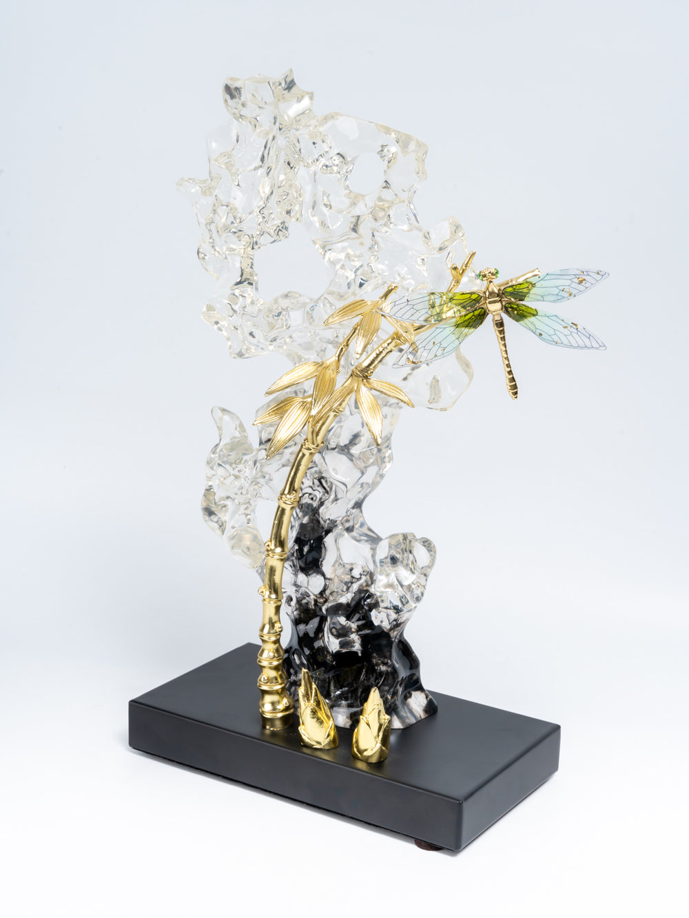 Aurora Crystal Dragonfly on Golden Bamboo Sculpture