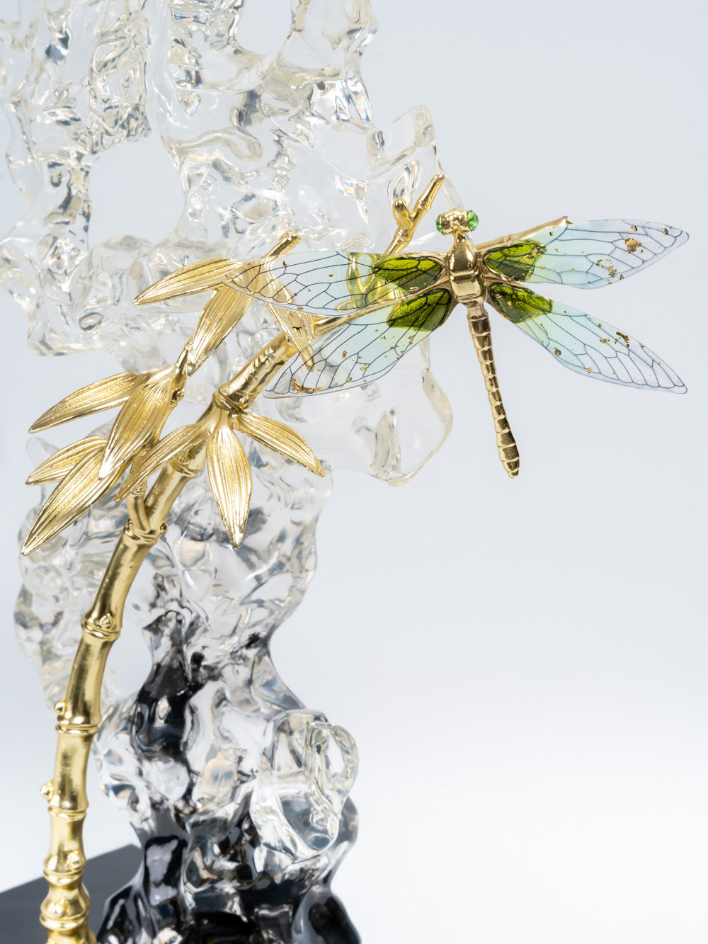 Aurora Crystal Dragonfly on Golden Bamboo Sculpture