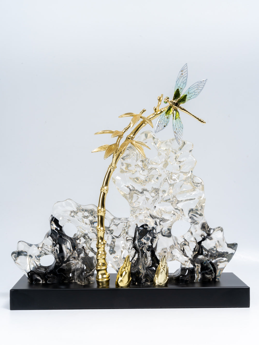 Aurora Crystal Dragonfly on Golden Bamboo Sculpture 2