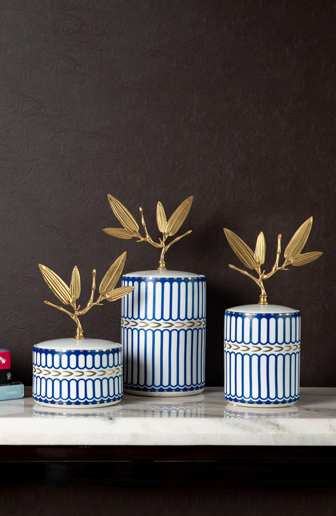 Leaf Top Lid  Ceramic Ivory Blue Jar Set