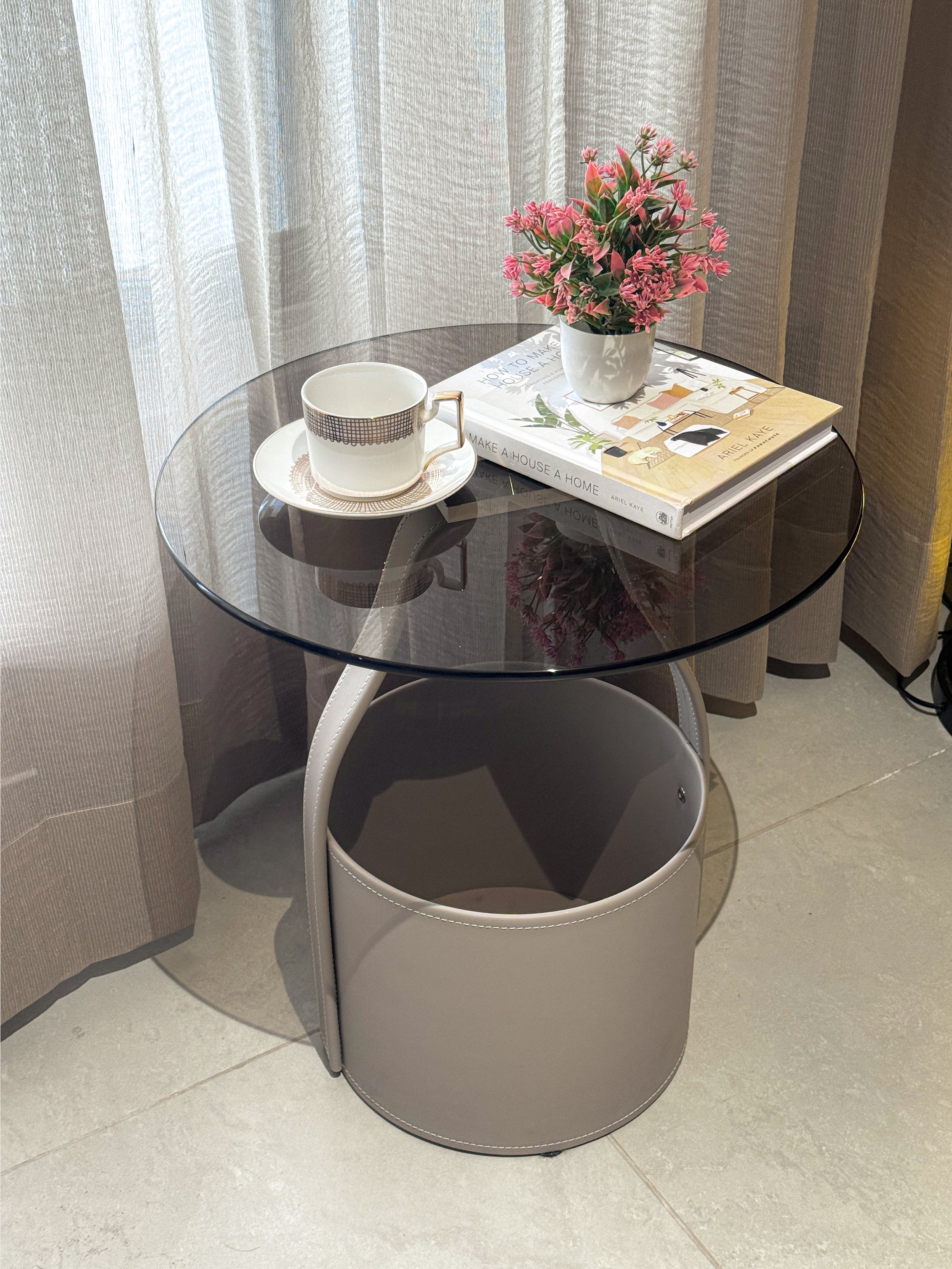Arnold Glass & Leather Beige Organiser Side Table