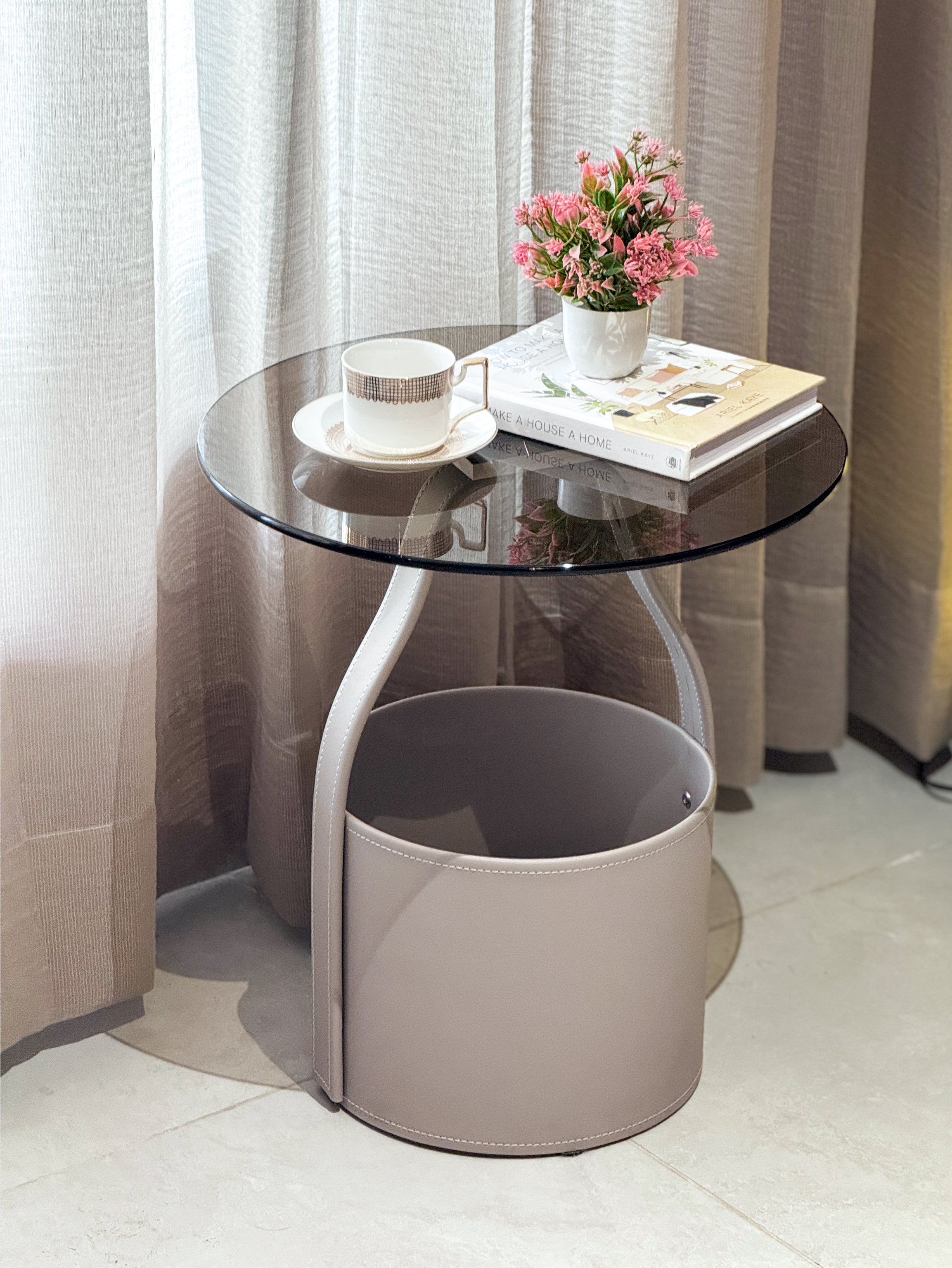 Arnold Glass & Leather Beige Organiser Side Table